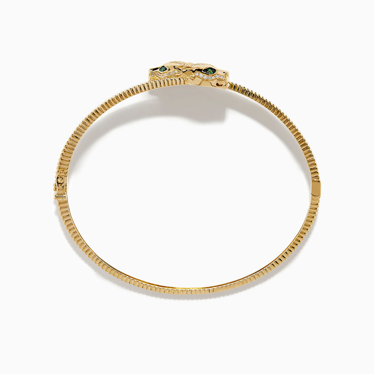 The Signature 14K YGold Diamond and Emerald Panther Bypass Bangle features twin panther heads with emerald eyes, diamond accents, and a textured ribbed band for a distinct, elegant look.