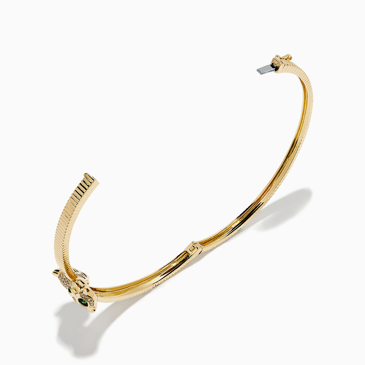 The Signature 14K YGold Diamond and Emerald Panther Bypass Bangle features twin panther heads with emerald eyes, diamond accents, and a textured ribbed band for a distinct, elegant look.