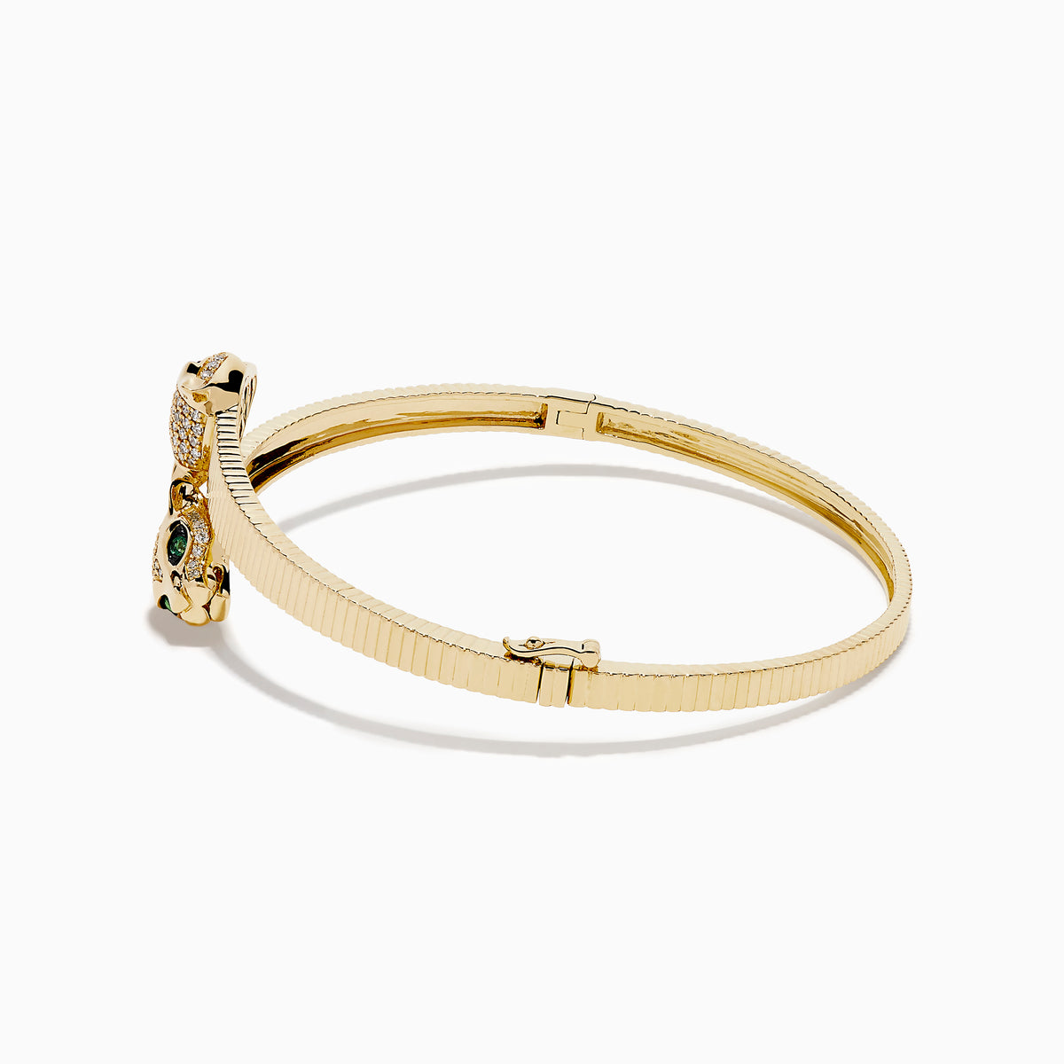 The Signature 14K YGold Diamond and Emerald Panther Bypass Bangle features twin panther heads with emerald eyes, diamond accents, and a textured ribbed band for a distinct, elegant look.