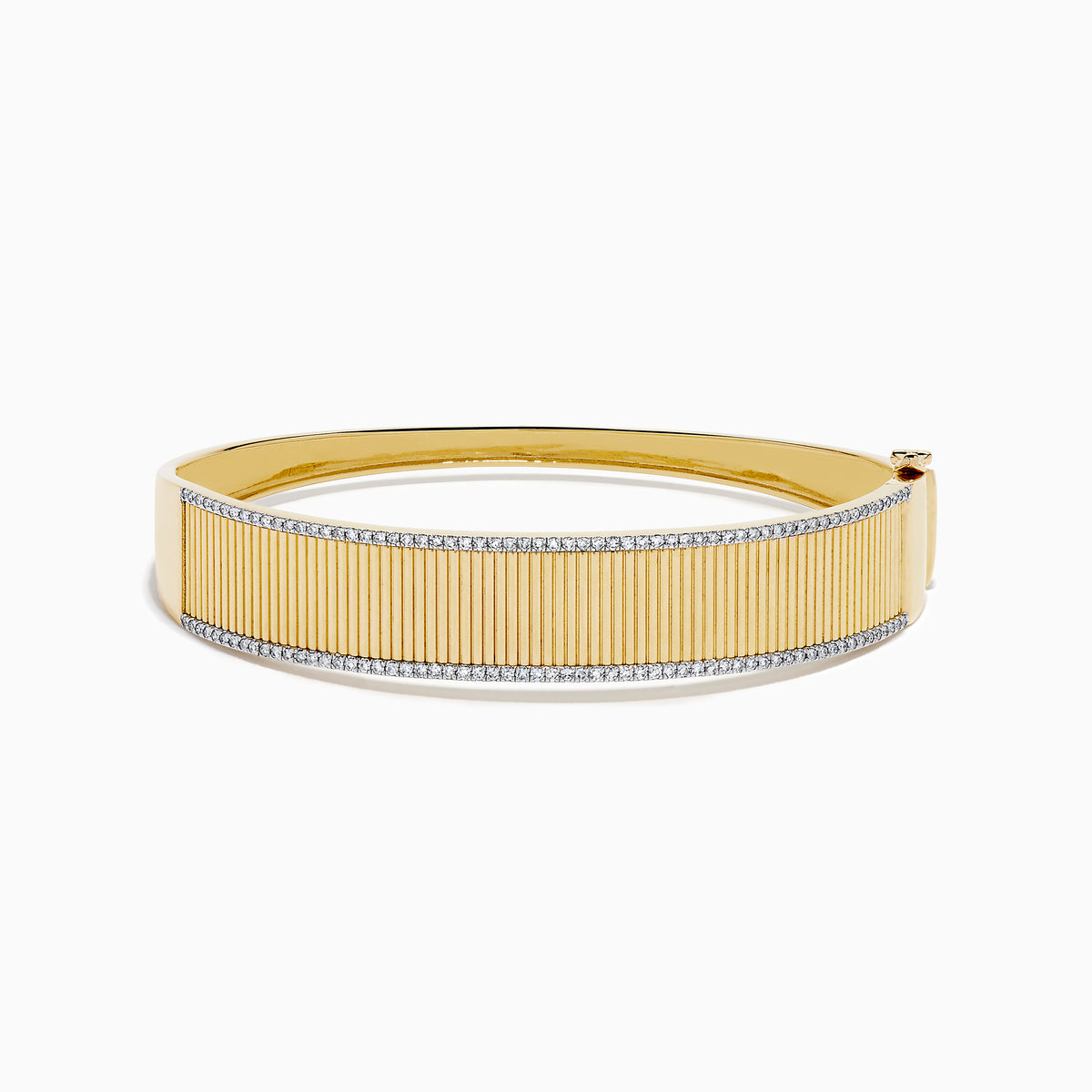The DOro 14K Yellow Gold Diamond Bangle showcases a textured vertical striped design with sparkling diamonds bordering the top and bottom edges.