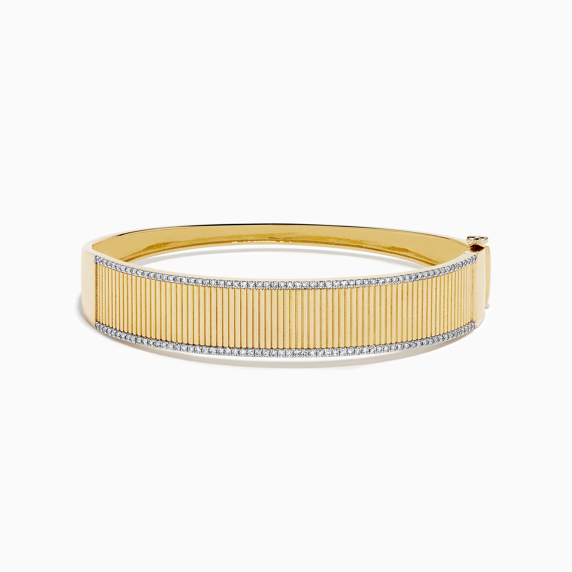 The DOro 14K Yellow Gold Diamond Bangle showcases a textured vertical striped design with sparkling diamonds bordering the top and bottom edges.