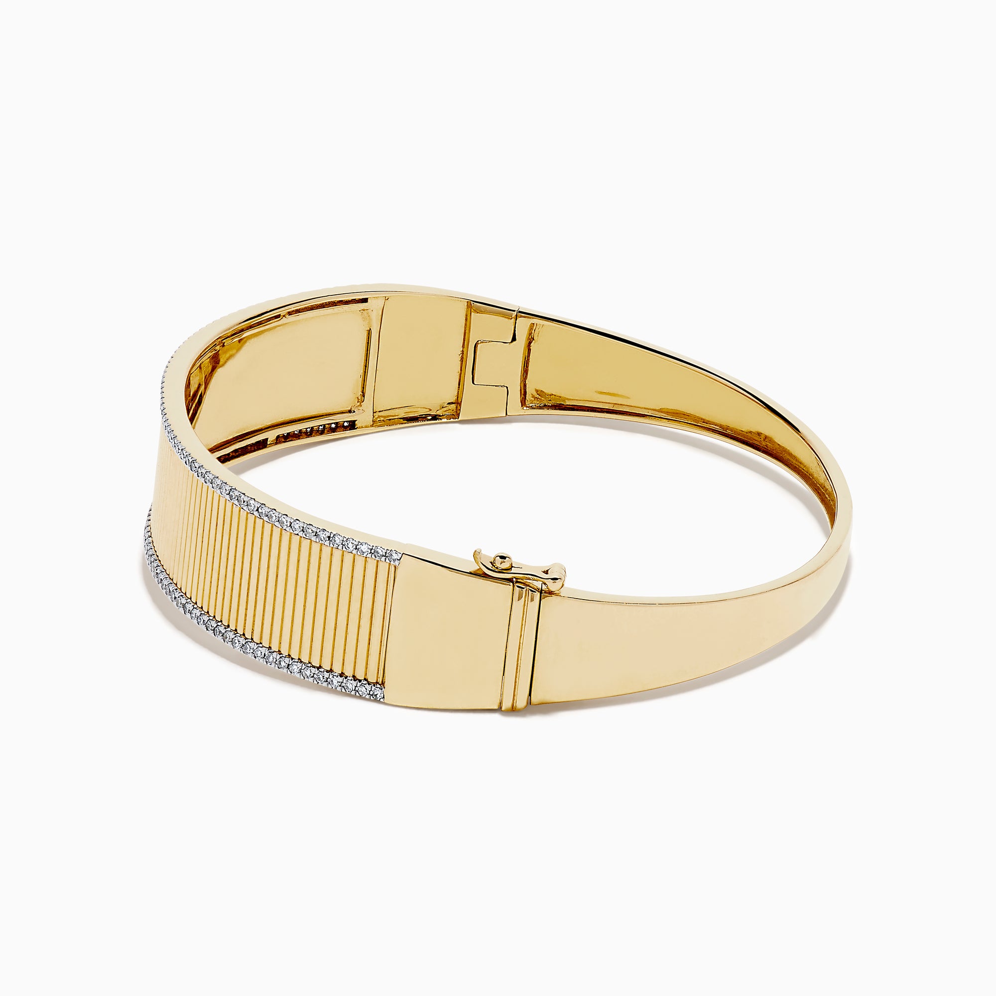 The DOro 14K Yellow Gold Diamond Bangle showcases a textured vertical striped design with sparkling diamonds bordering the top and bottom edges.