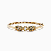 The Signature 14K Gold Emerald, White and Espresso Diamond Double Panther Head Bangle features two panther heads with emerald eyes, set with white and espresso diamonds, facing each other in a striking design.