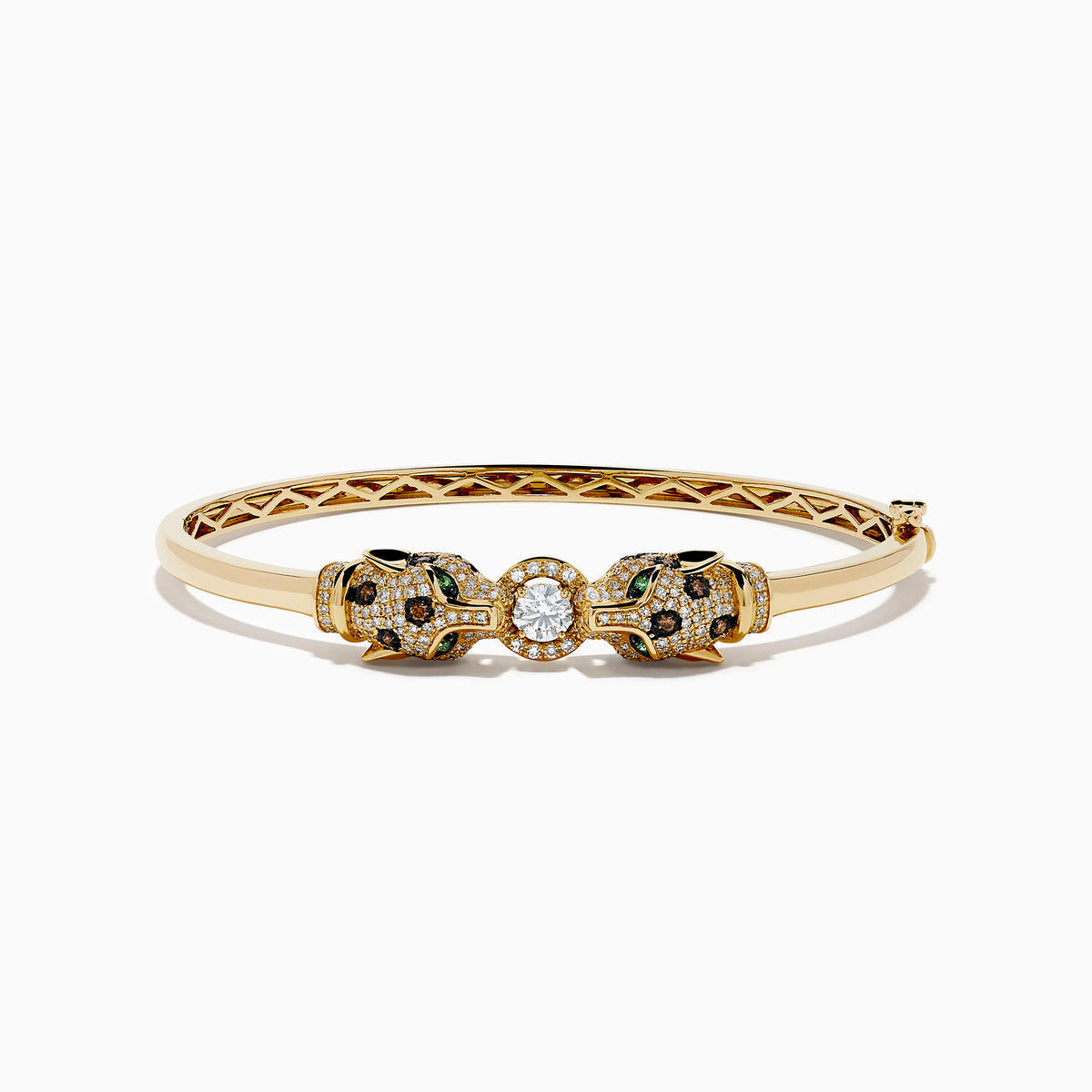 The Signature 14K Gold Emerald, White and Espresso Diamond Double Panther Head Bangle features two panther heads with emerald eyes, set with white and espresso diamonds, facing each other in a striking design.