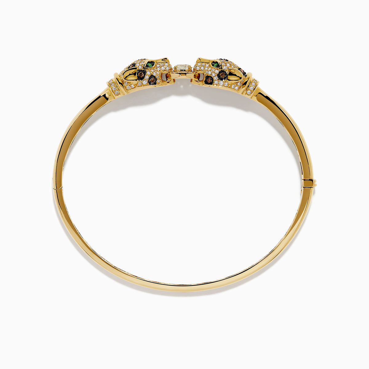 The Signature 14K Gold Emerald, White and Espresso Diamond Double Panther Head Bangle features two panther heads with emerald eyes, set with white and espresso diamonds, facing each other in a striking design.