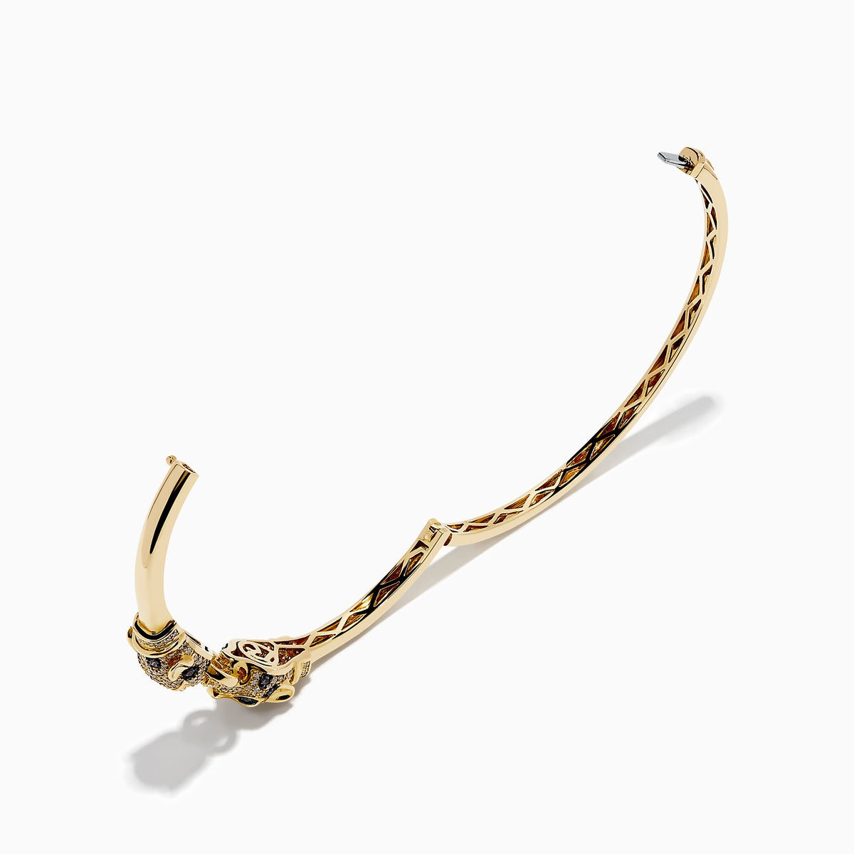 The Signature 14K Gold Emerald, White and Espresso Diamond Double Panther Head Bangle features two panther heads with emerald eyes, set with white and espresso diamonds, facing each other in a striking design.