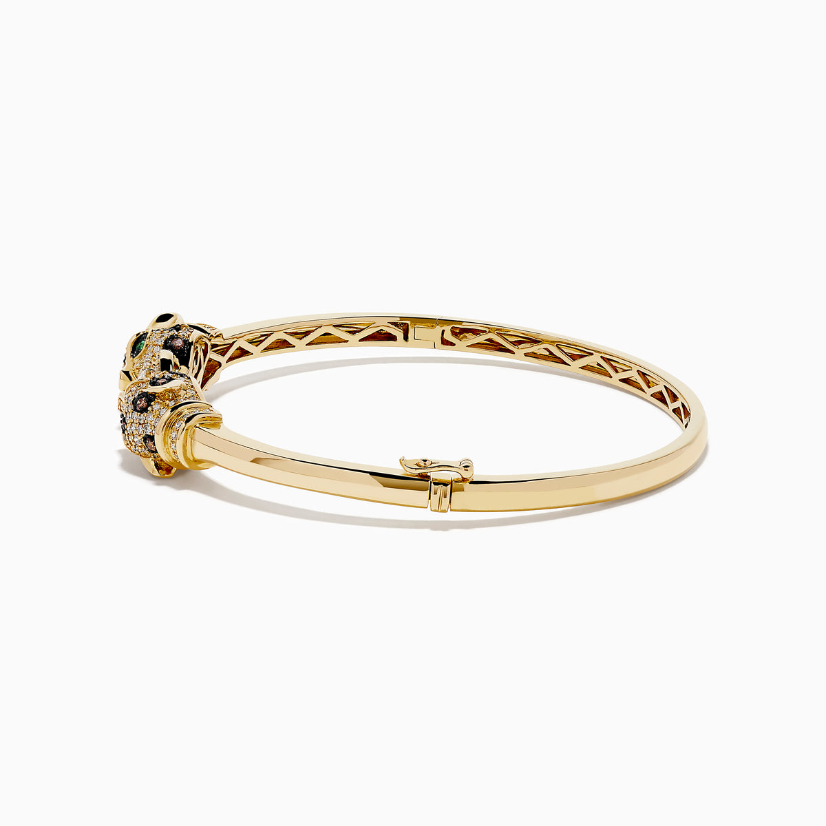 The Signature 14K Gold Emerald, White and Espresso Diamond Double Panther Head Bangle features two panther heads with emerald eyes, set with white and espresso diamonds, facing each other in a striking design.