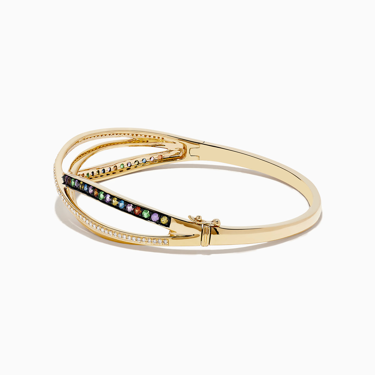 The Watercolors 14K Yellow Gold Multi Sapphire Bangle features crisscrossing bands—one with diamonds, the other adorned with vibrant sapphires—displayed on a white background.