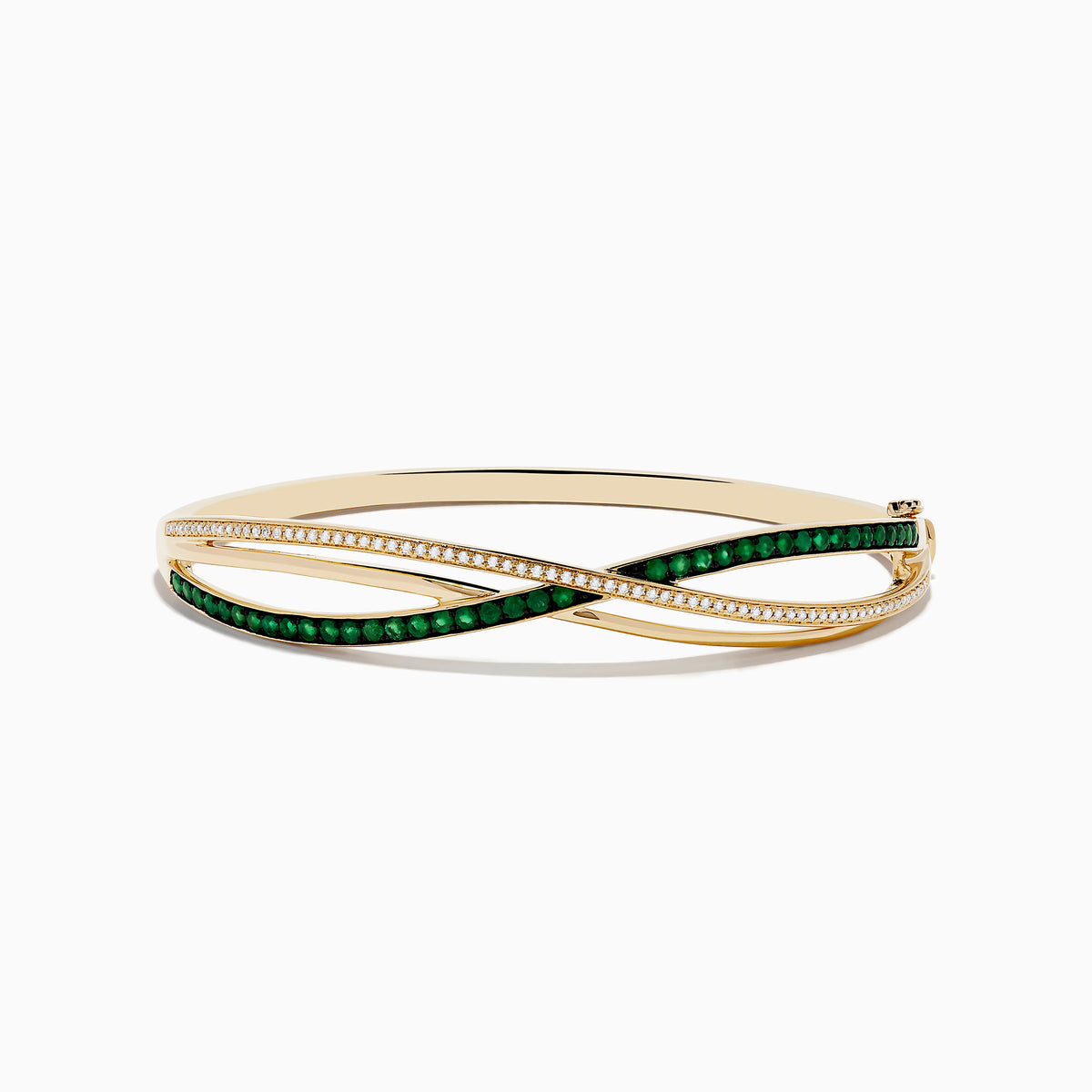 The Brasilica 14K Yellow Gold Emerald and Diamond Bangle features interwoven bands—one set with diamonds, the other with emeralds—beautifully displayed on a white background.