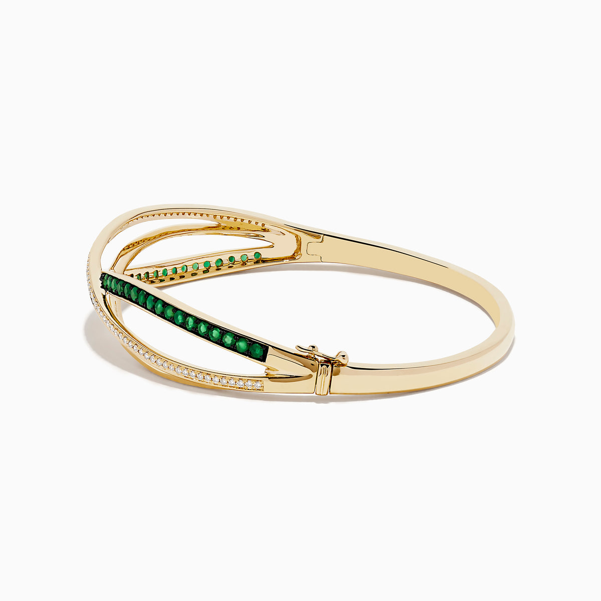 The Brasilica 14K Yellow Gold Emerald and Diamond Bangle features interwoven bands—one set with diamonds, the other with emeralds—beautifully displayed on a white background.