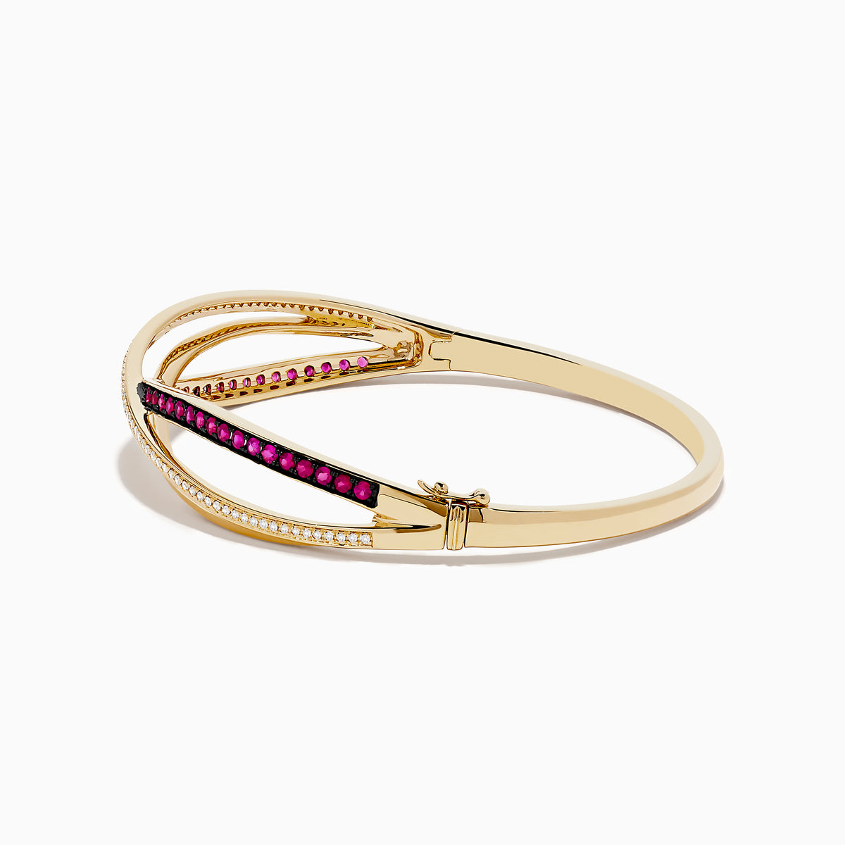 The Ruby Royale 14K Yellow Gold Ruby and Diamond Crossover Bangle features sparkling diamonds and vibrant rubies in a striking crisscross design.
