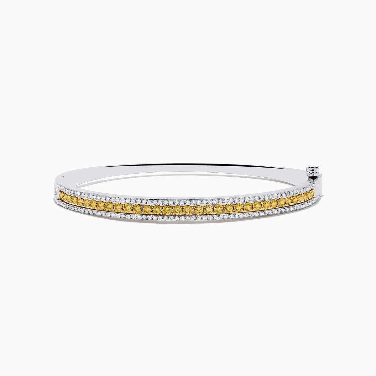 The Canare` 14K Two Tone Yellow and White Diamond Bangle features a central row of yellow diamonds bordered by sparkling white diamonds, all set in a stylish silver bracelet against a clean white background.