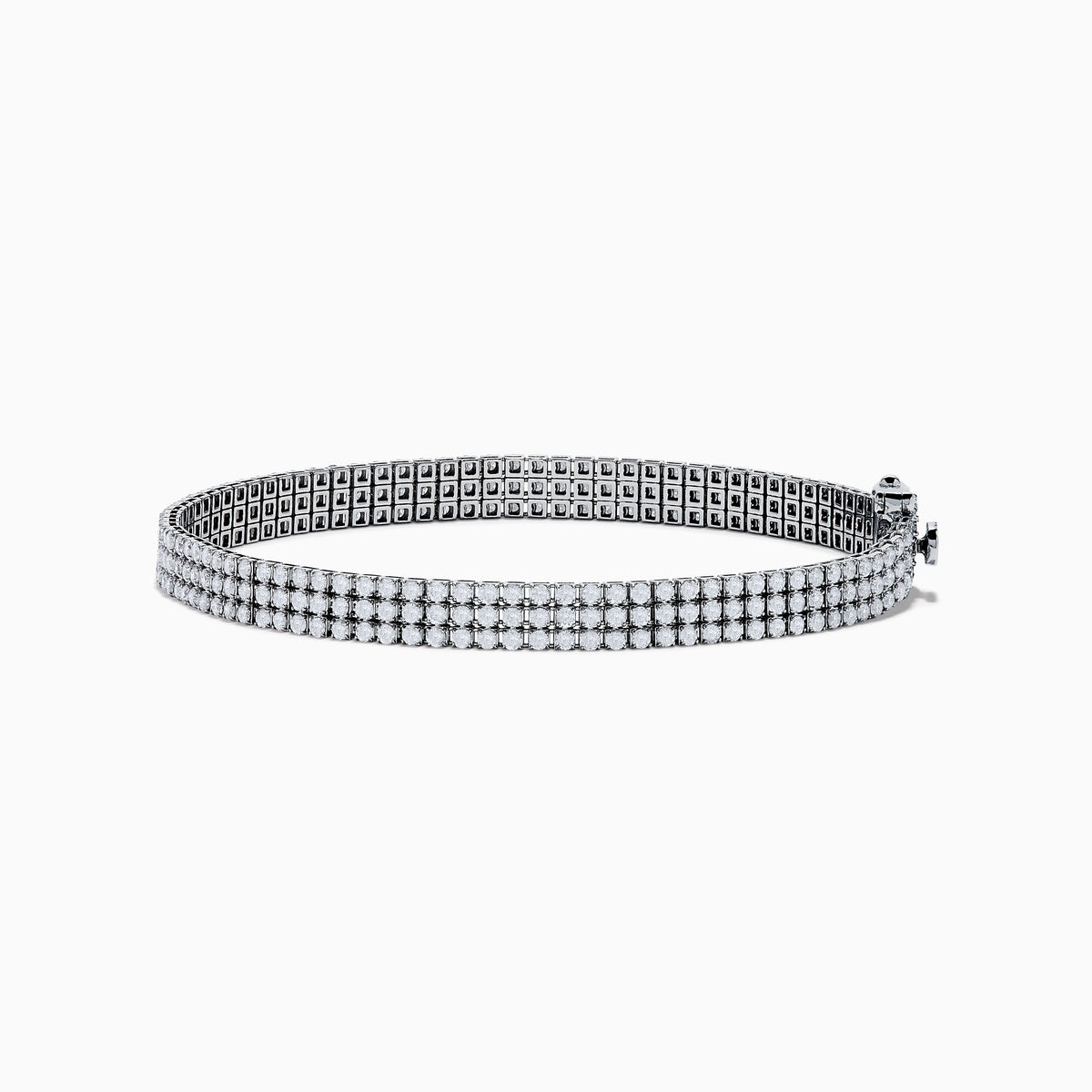 The 14K White Gold 3-Row Diamond Pave Bracelet showcases sparkling round diamonds in a symmetrical, elegant design, displayed against a white background.