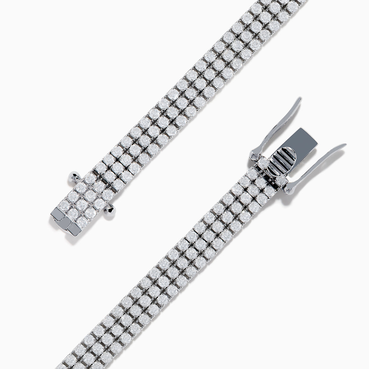 The 14K White Gold 3-Row Diamond Pave Bracelet showcases sparkling round diamonds in a symmetrical, elegant design, displayed against a white background.