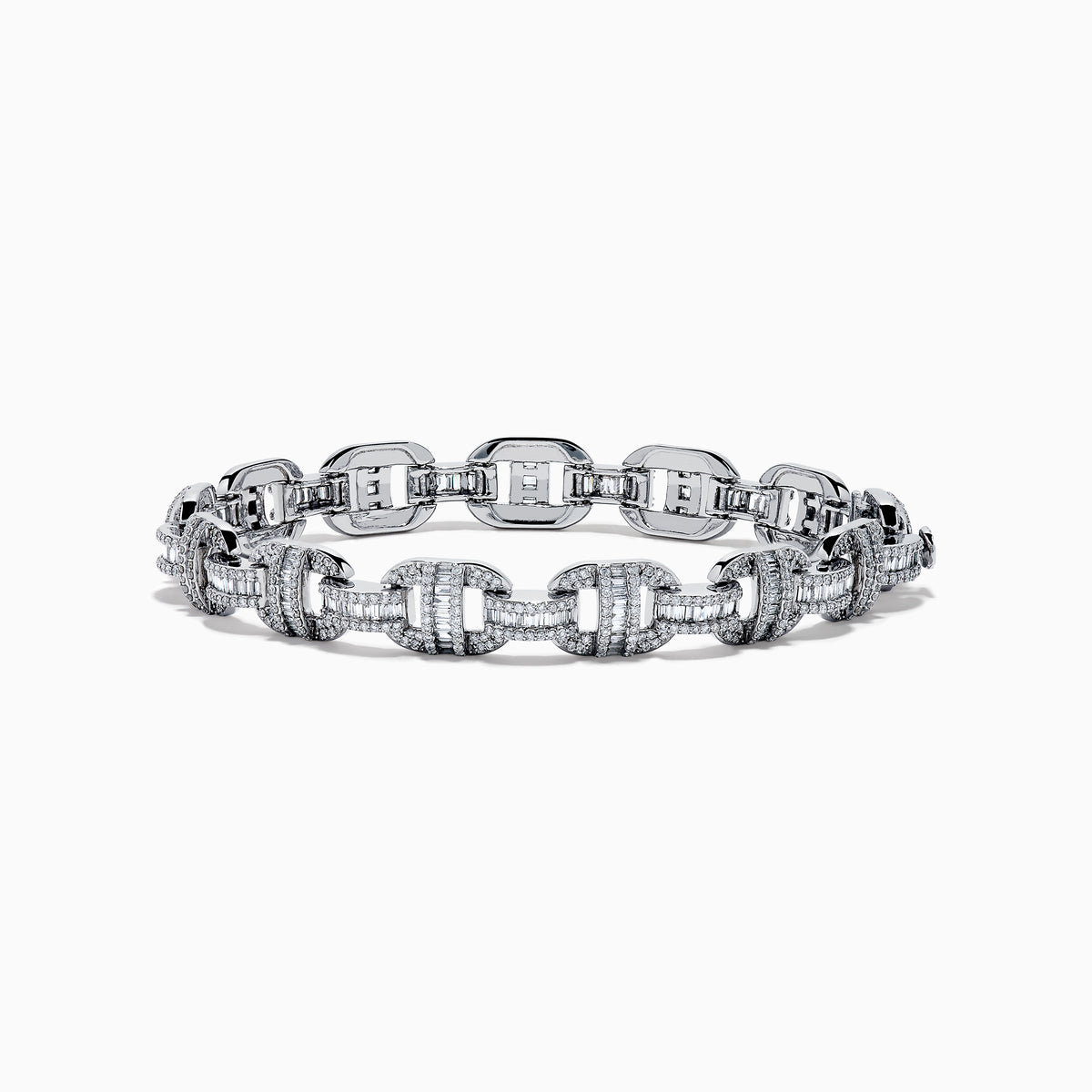 The Classique 14K White Gold Diamond Bracelet features interlocking H-shaped links and is adorned with sparkling diamonds, offering a polished, luxurious look.