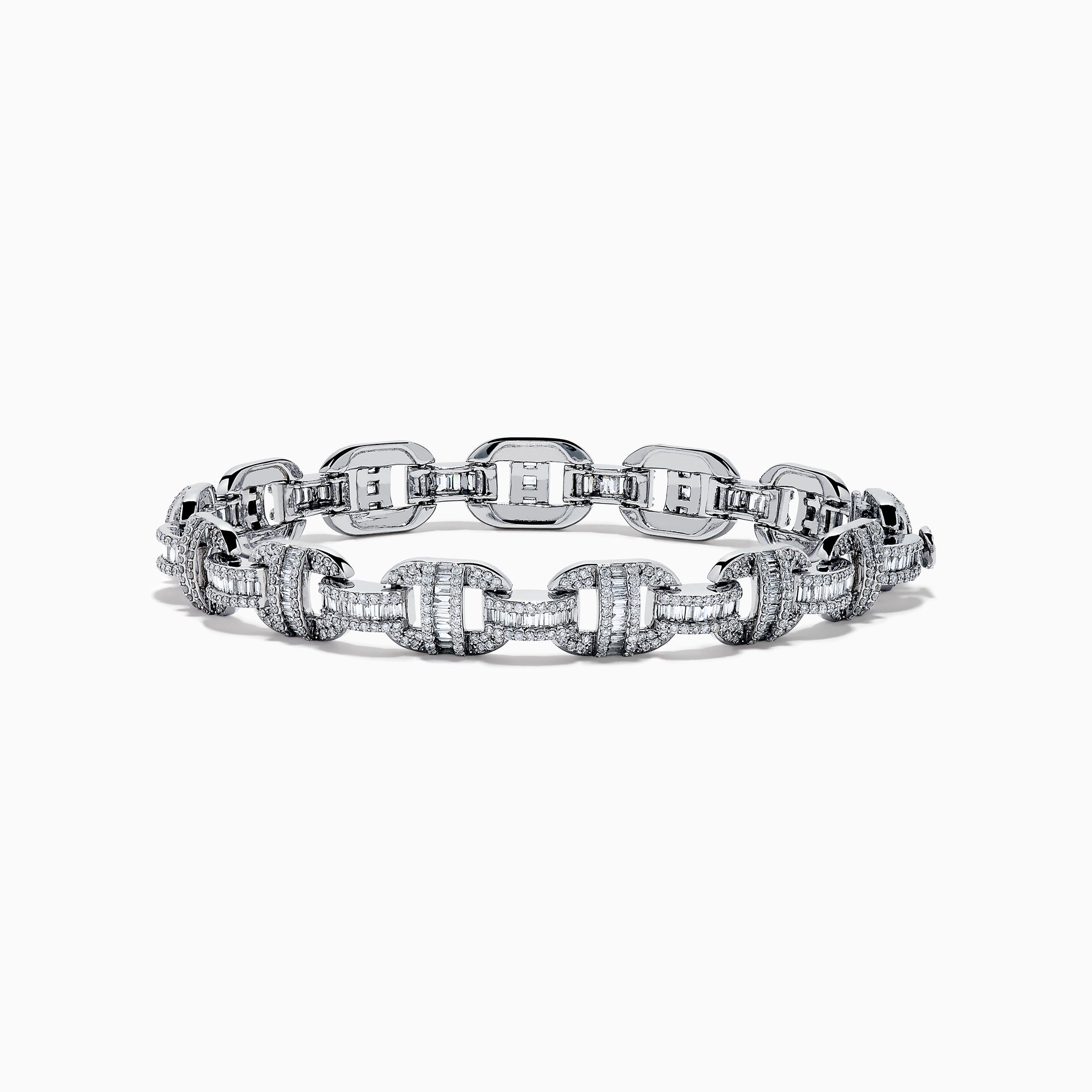 The Classique 14K White Gold Diamond Bracelet features interlocking H-shaped links and is adorned with sparkling diamonds, offering a polished, luxurious look.