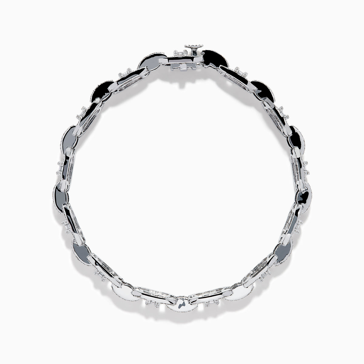 The Classique 14K White Gold Diamond Bracelet features interlocking H-shaped links and is adorned with sparkling diamonds, offering a polished, luxurious look.