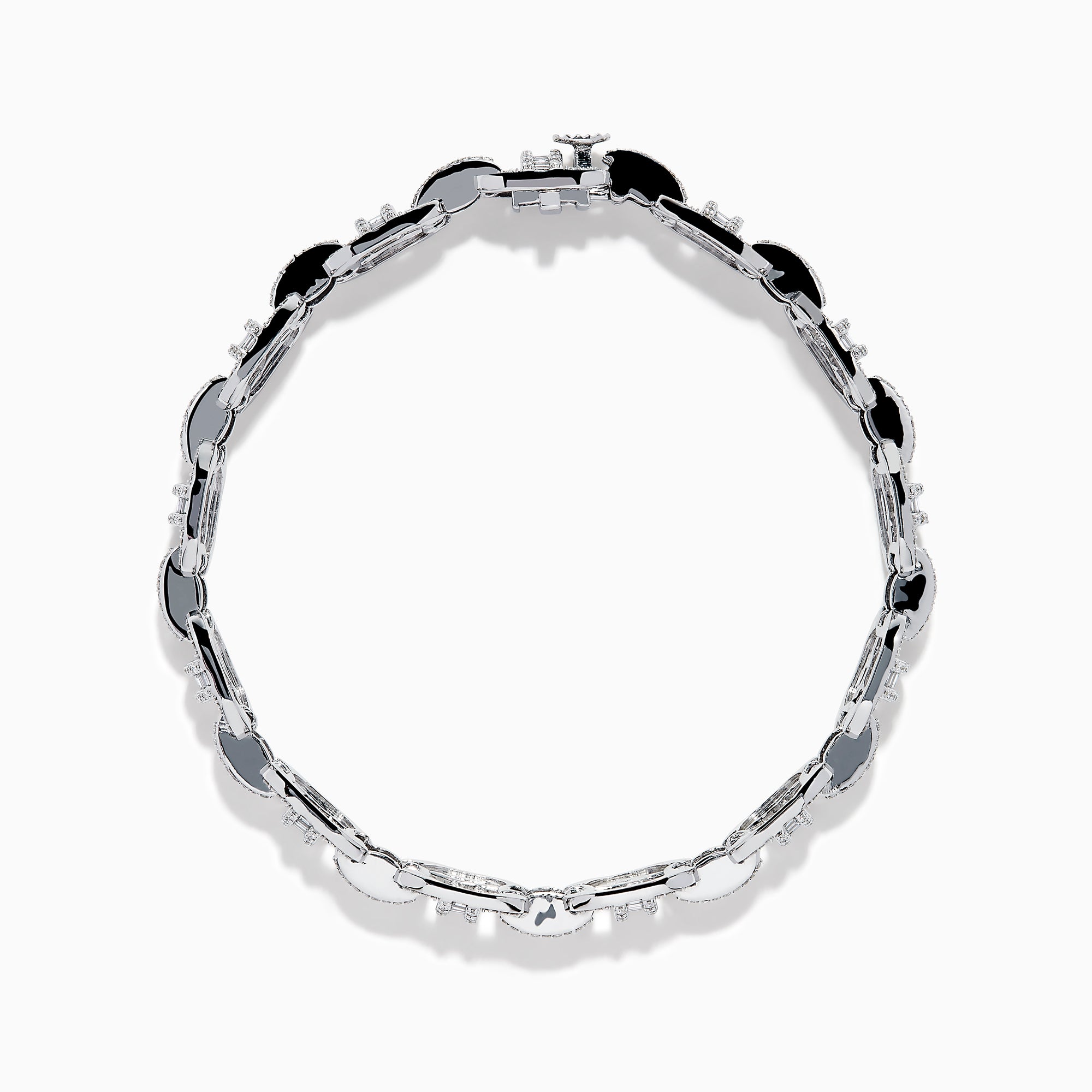 The Classique 14K White Gold Diamond Bracelet features interlocking H-shaped links and is adorned with sparkling diamonds, offering a polished, luxurious look.