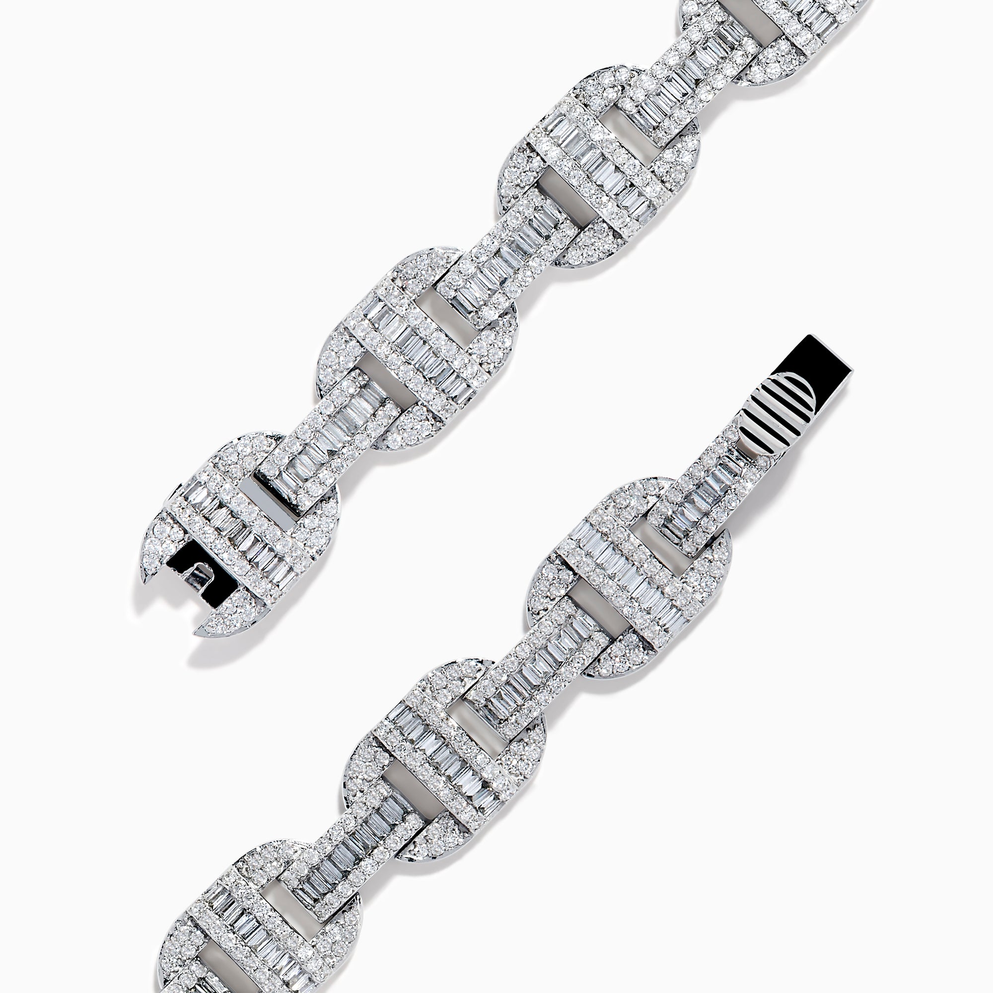 The Classique 14K White Gold Diamond Bracelet features interlocking H-shaped links and is adorned with sparkling diamonds, offering a polished, luxurious look.