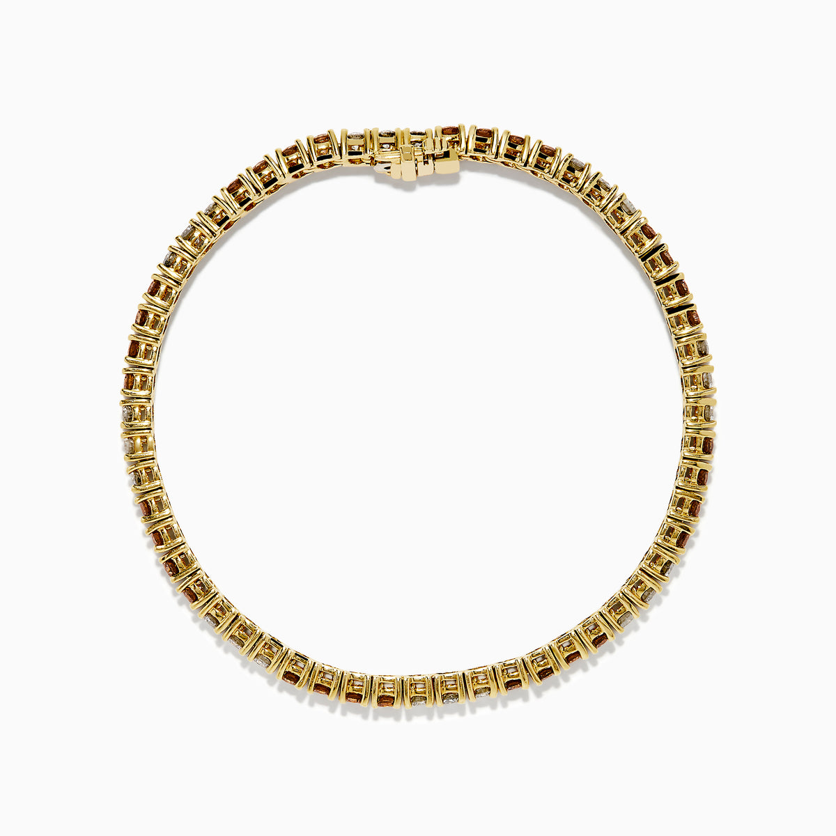 The Espresso 14K Yellow Gold Brown and White Diamond Tennis Bracelet features a single row of alternating brown and white diamonds, showcased against a plain white background.
