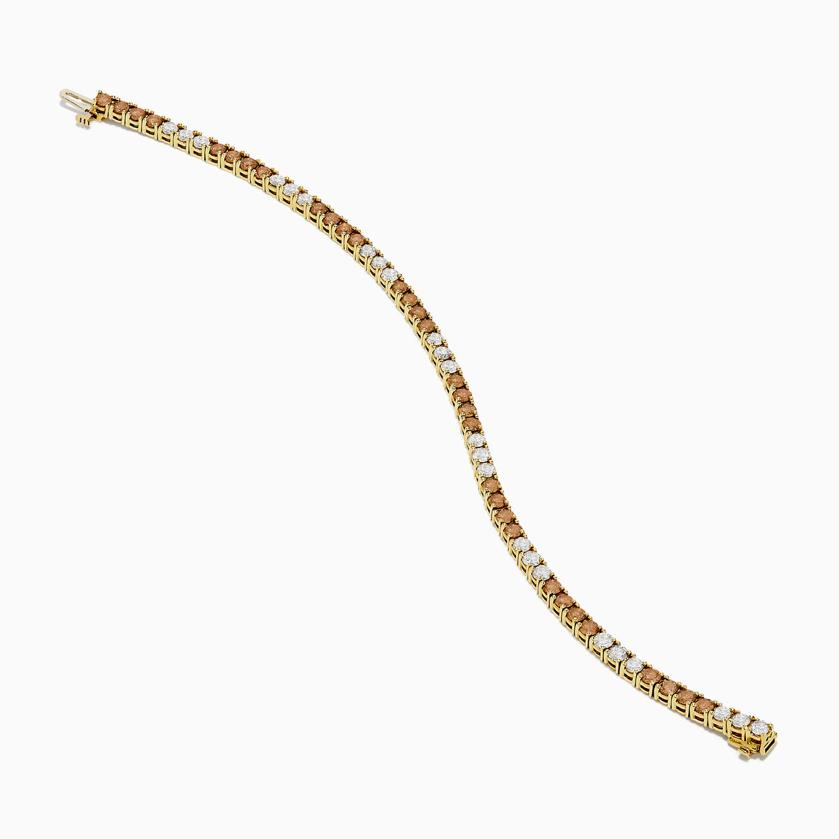 The Espresso 14K Yellow Gold Brown and White Diamond Tennis Bracelet features a single row of alternating brown and white diamonds, showcased against a plain white background.