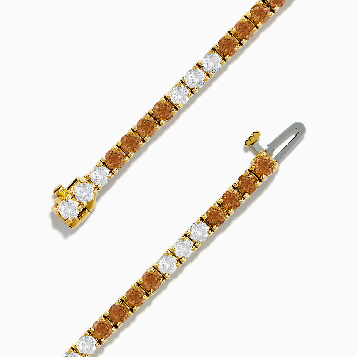 The Espresso 14K Yellow Gold Brown and White Diamond Tennis Bracelet features a single row of alternating brown and white diamonds, showcased against a plain white background.