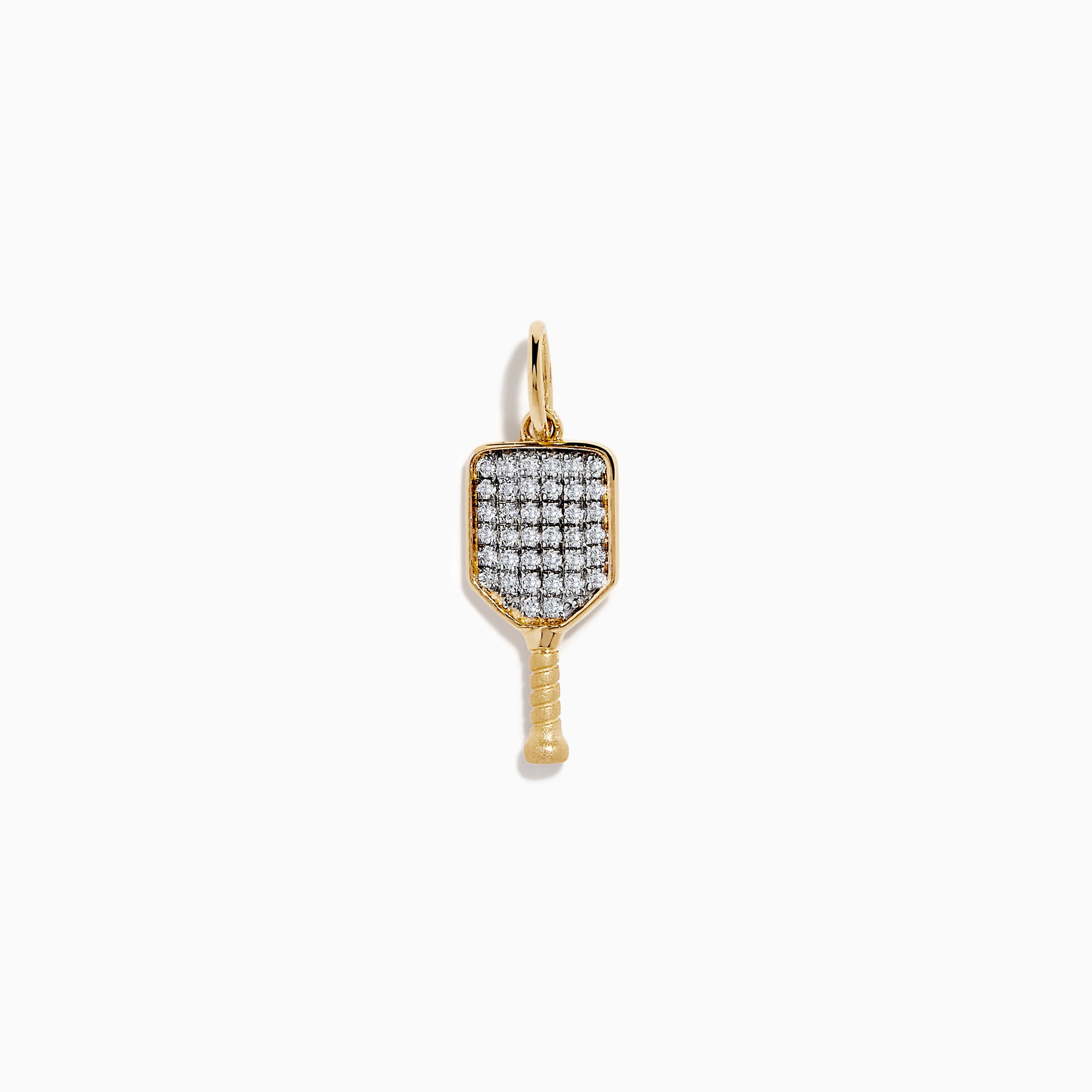 The 14K Yellow Gold Diamond Pave Pickleball Paddle Charm features a diamond-encrusted paddle design with a top loop for chains—ideal pickleball jewelry for enthusiasts, shown on a white background.