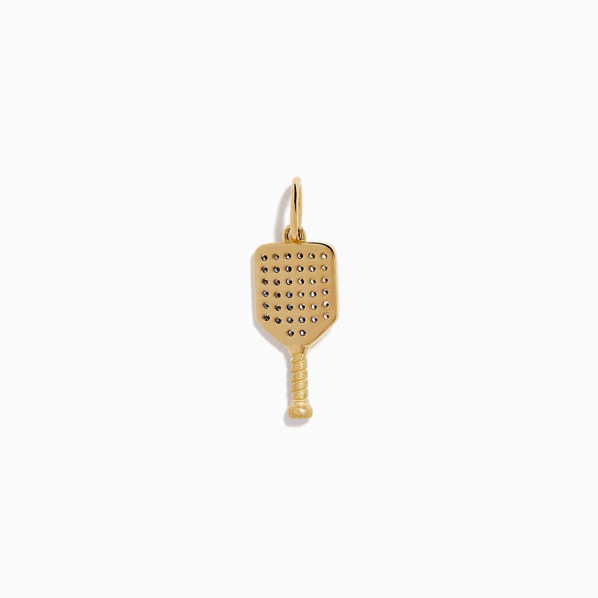 The 14K Yellow Gold Diamond Pave Pickleball Paddle Charm features a diamond-encrusted paddle design with a top loop for chains—ideal pickleball jewelry for enthusiasts, shown on a white background.