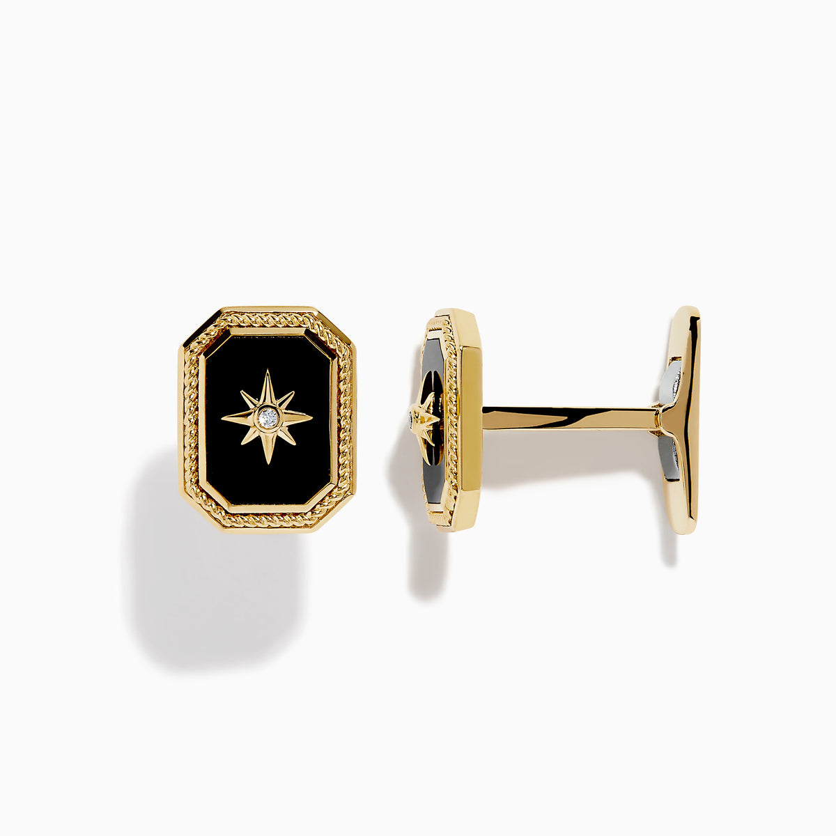 Men's Eclipse 14K Yellow Gold Onyx and Diamond Cufflinks shown on a white background, featuring octagonal yellow gold frames with onyx centers, a starburst design, and a small central diamond.