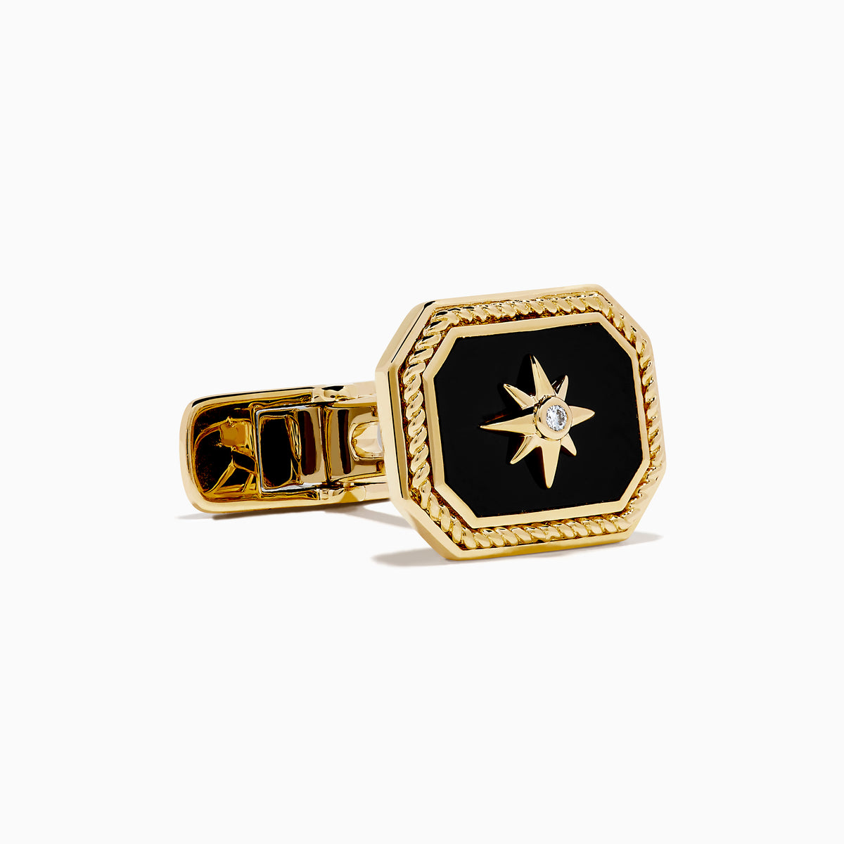 Men's Eclipse 14K Yellow Gold Onyx and Diamond Cufflinks shown on a white background, featuring octagonal yellow gold frames with onyx centers, a starburst design, and a small central diamond.