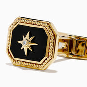 Men's Eclipse 14K Yellow Gold Onyx and Diamond Cufflinks shown on a white background, featuring octagonal yellow gold frames with onyx centers, a starburst design, and a small central diamond.