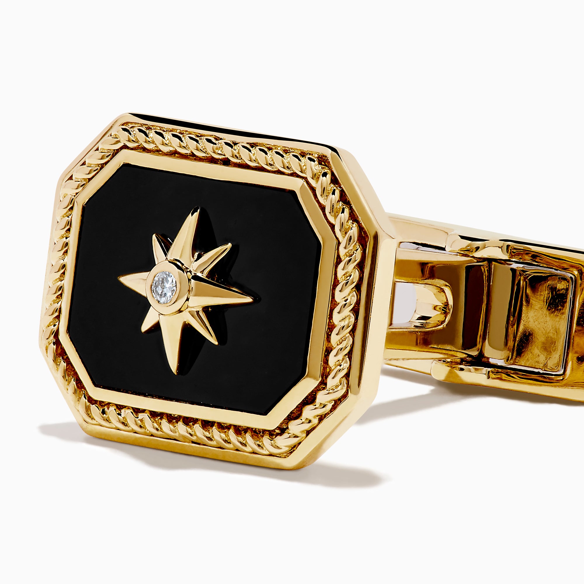 Men's Eclipse 14K Yellow Gold Onyx and Diamond Cufflinks shown on a white background, featuring octagonal yellow gold frames with onyx centers, a starburst design, and a small central diamond.