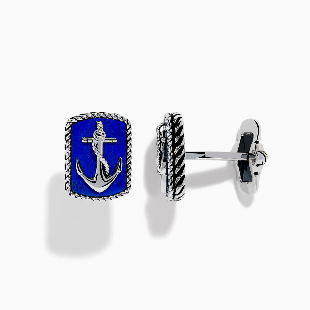 Men's 925 Sterling Silver Lapis Anchor Cuff Links feature a raised anchor on a blue lapis background with a twisted rope border, shown from the front and side.