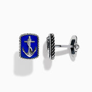 Men's 925 Sterling Silver Lapis Anchor Cuff Links feature a raised anchor on a blue lapis background with a twisted rope border, shown from the front and side.