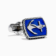 Men's 925 Sterling Silver Lapis Anchor Cuff Links feature a raised anchor on a blue lapis background with a twisted rope border, shown from the front and side.