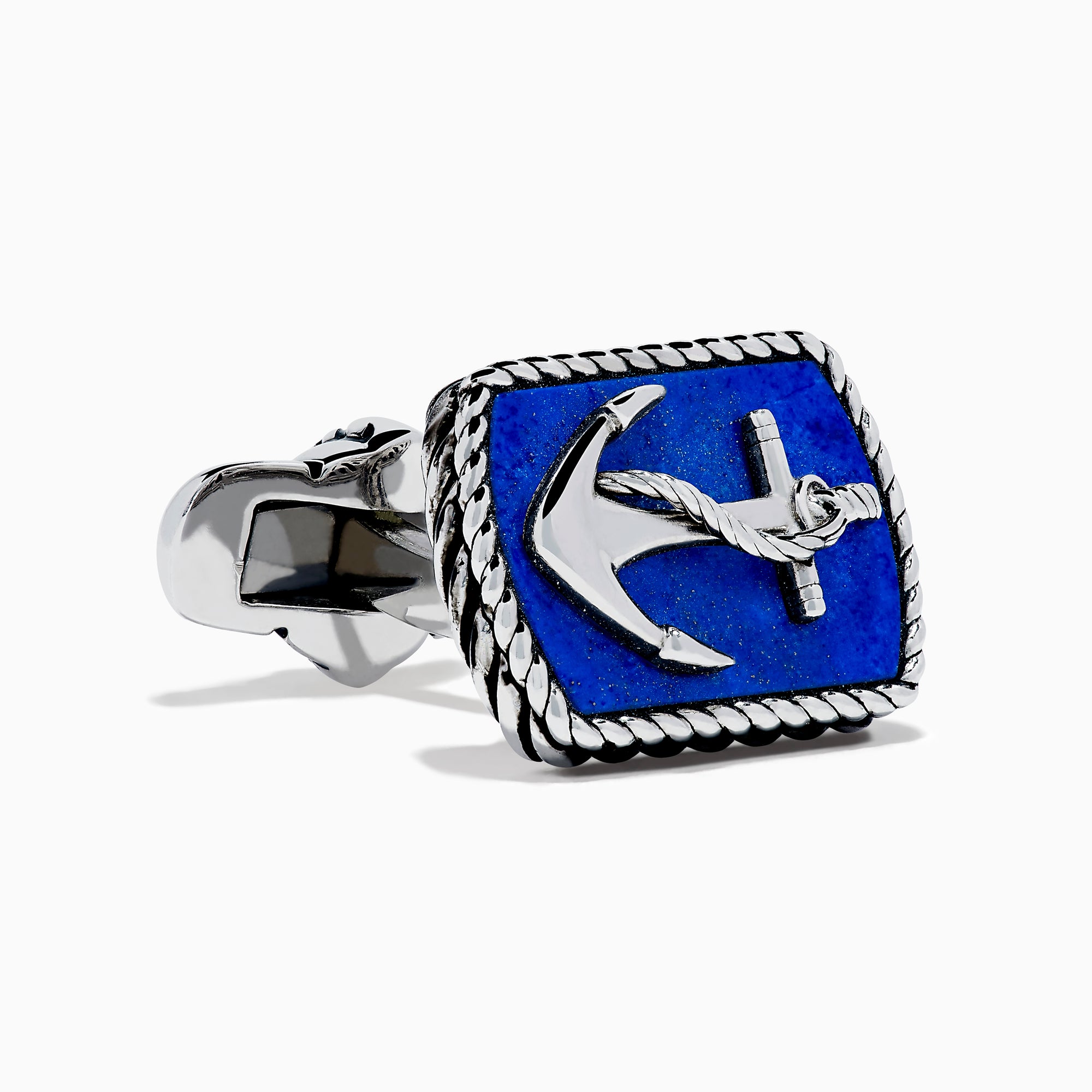 Men's 925 Sterling Silver Lapis Anchor Cuff Links feature a raised anchor on a blue lapis background with a twisted rope border, shown from the front and side.