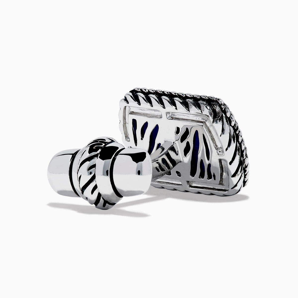 Men's 925 Sterling Silver Lapis Anchor Cuff Links feature a raised anchor on a blue lapis background with a twisted rope border, shown from the front and side.