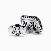 Men's 925 Sterling Silver Lapis Anchor Cuff Links feature a raised anchor on a blue lapis background with a twisted rope border, shown from the front and side.