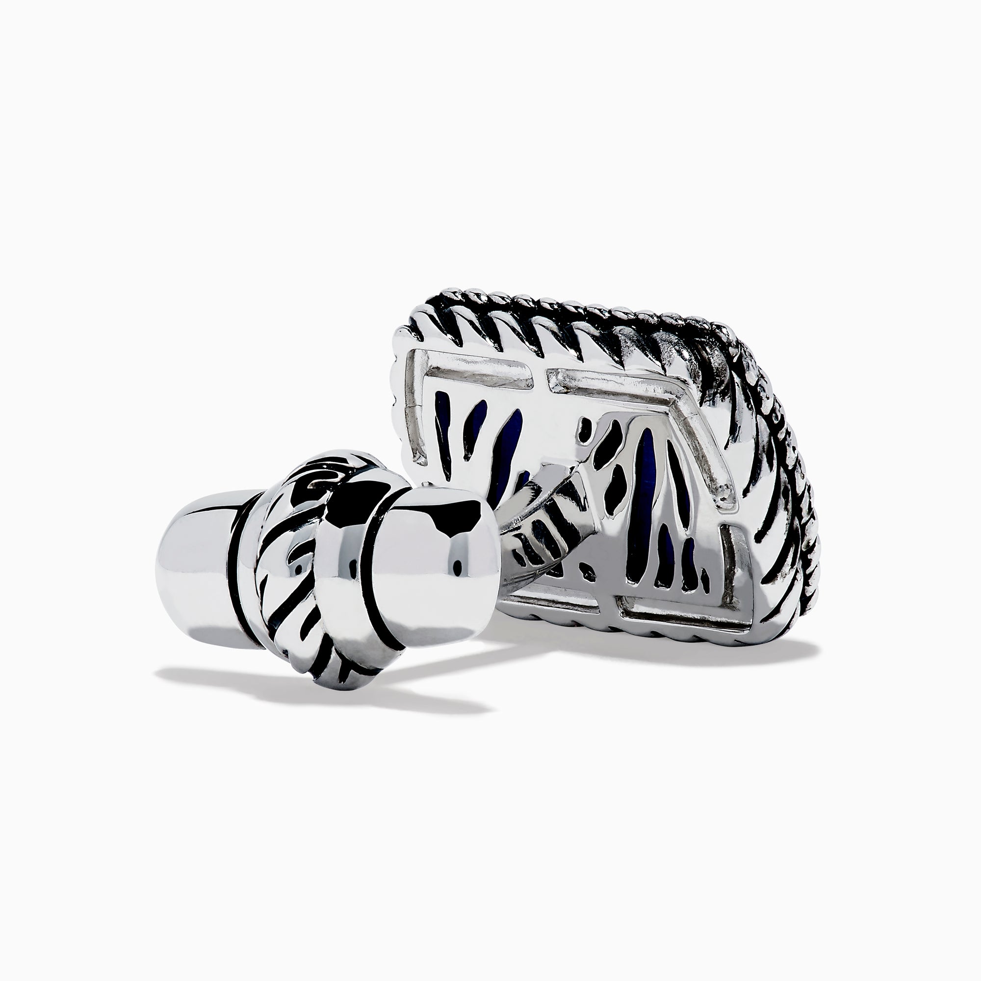 Men's 925 Sterling Silver Lapis Anchor Cuff Links feature a raised anchor on a blue lapis background with a twisted rope border, shown from the front and side.