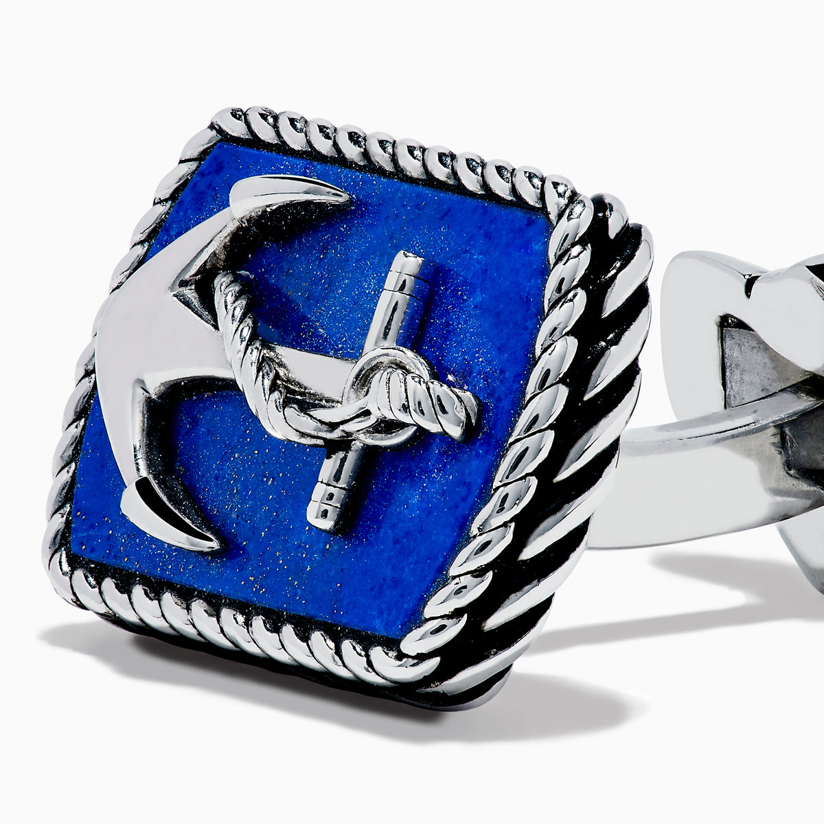 Men's 925 Sterling Silver Lapis Anchor Cuff Links feature a raised anchor on a blue lapis background with a twisted rope border, shown from the front and side.