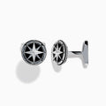 Men's 925 Sterling Silver Onyx Compass Cuff Links featuring a raised compass rose on a black onyx background are displayed on a white surface.