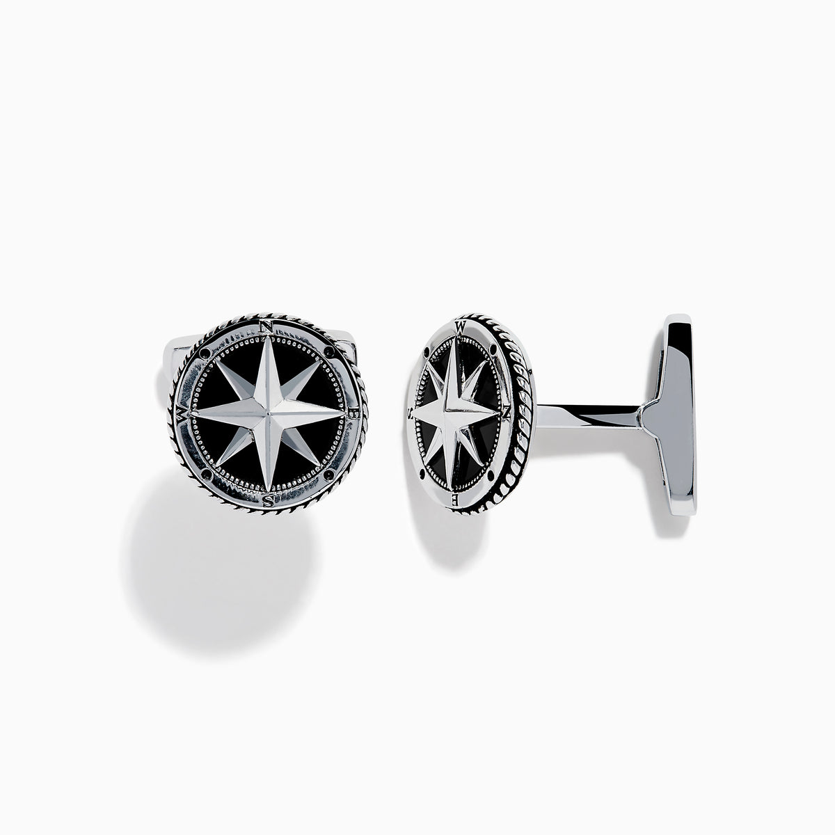 Men's 925 Sterling Silver Onyx Compass Cuff Links featuring a raised compass rose on a black onyx background are displayed on a white surface.