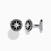 Men's 925 Sterling Silver Onyx Compass Cuff Links featuring a raised compass rose on a black onyx background are displayed on a white surface.