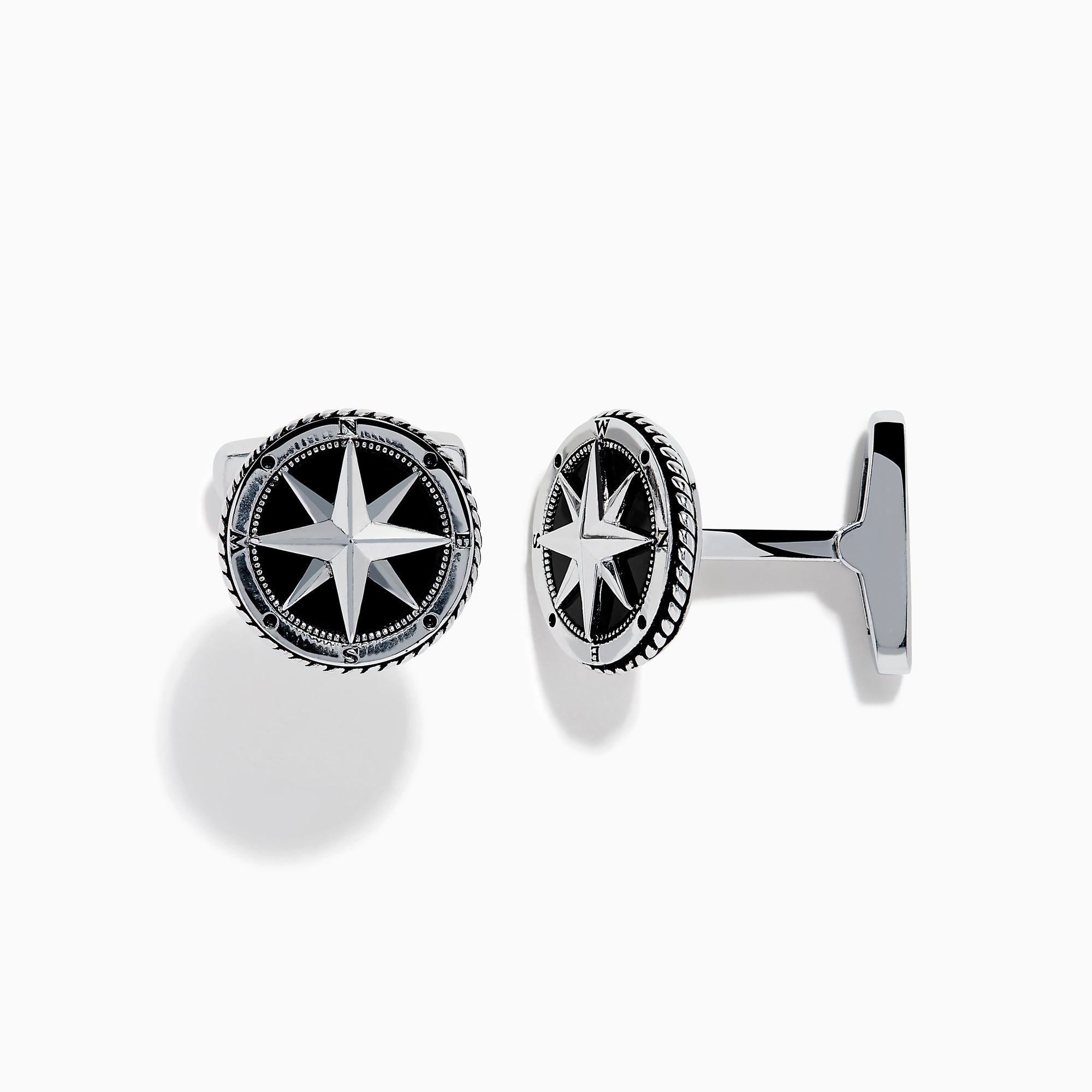 Men's 925 Sterling Silver Onyx Compass Cuff Links featuring a raised compass rose on a black onyx background are displayed on a white surface.