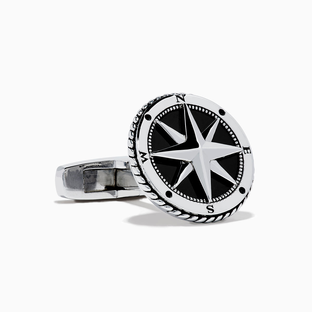 Men's 925 Sterling Silver Onyx Compass Cuff Links featuring a raised compass rose on a black onyx background are displayed on a white surface.