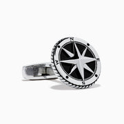 Men's 925 Sterling Silver Onyx Compass Cuff Links featuring a raised compass rose on a black onyx background are displayed on a white surface.