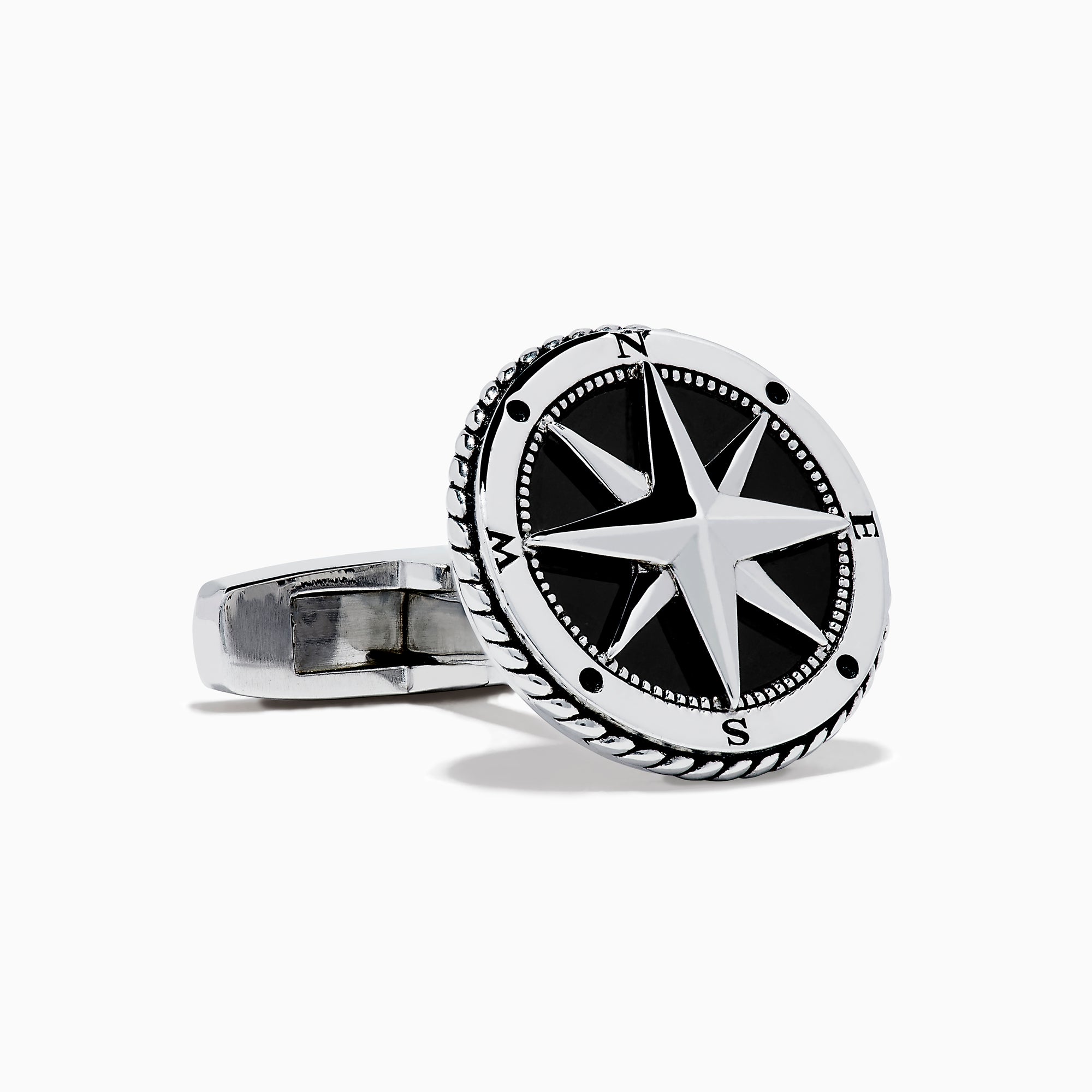 Men's 925 Sterling Silver Onyx Compass Cuff Links featuring a raised compass rose on a black onyx background are displayed on a white surface.