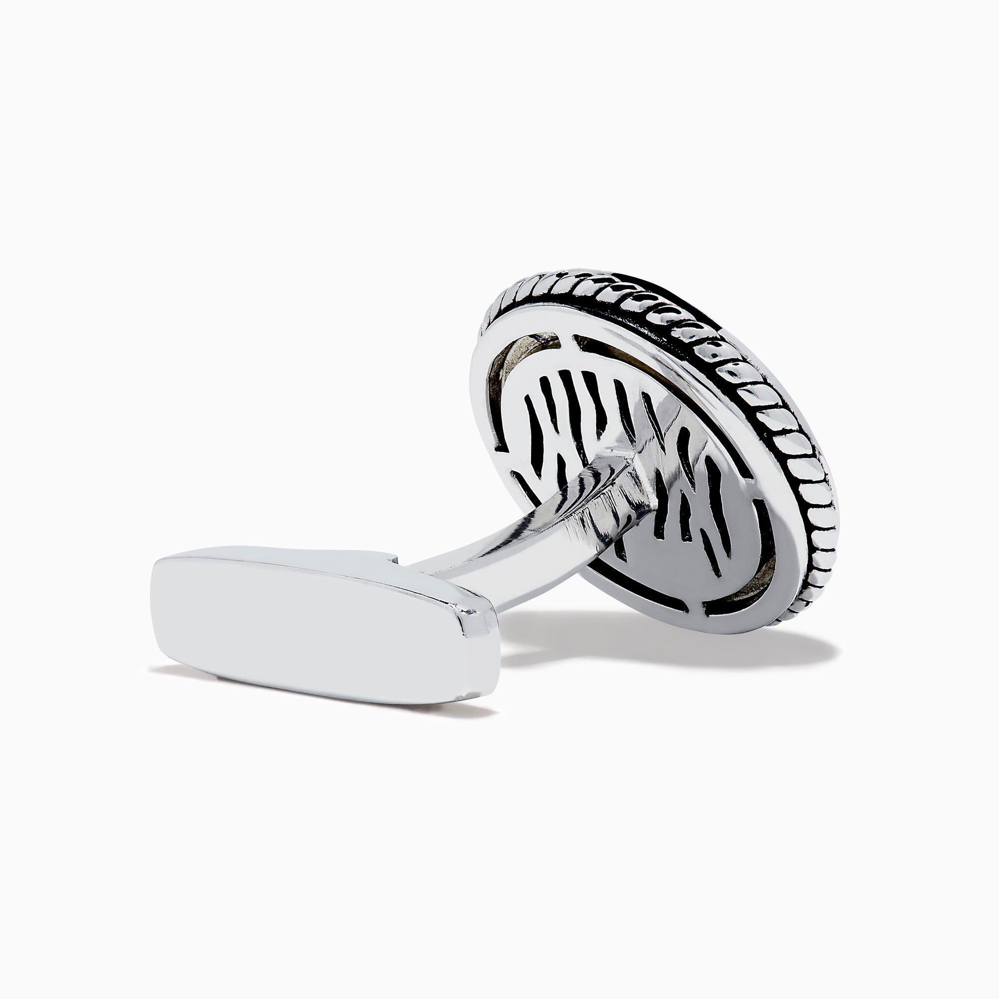 Men's 925 Sterling Silver Onyx Compass Cuff Links featuring a raised compass rose on a black onyx background are displayed on a white surface.