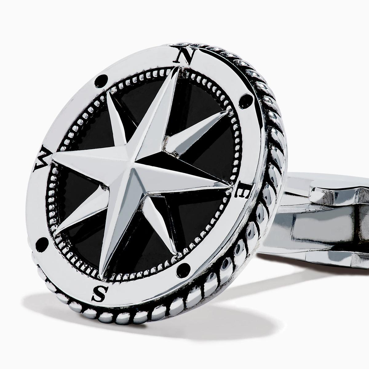 Men's 925 Sterling Silver Onyx Compass Cuff Links featuring a raised compass rose on a black onyx background are displayed on a white surface.