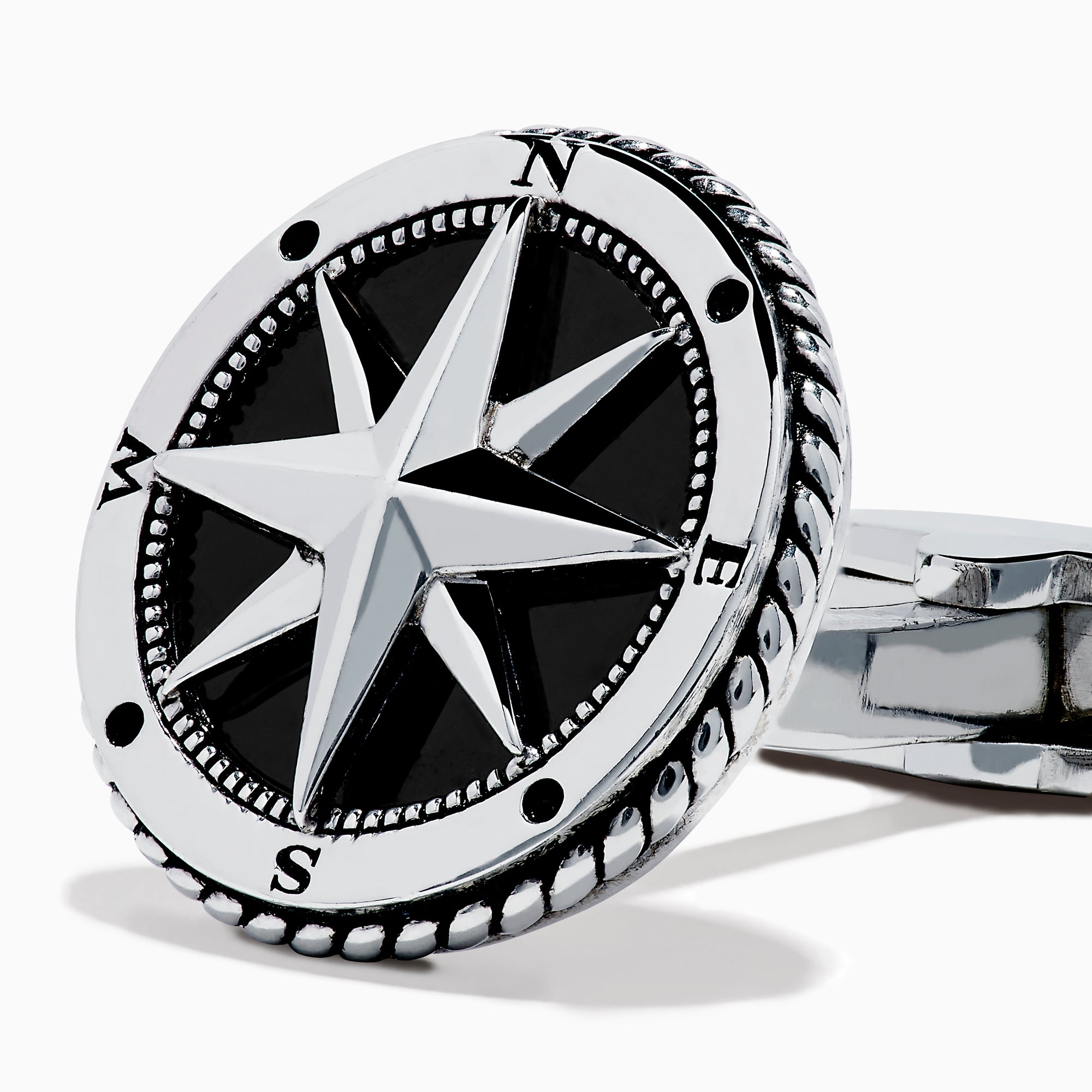 Men's 925 Sterling Silver Onyx Compass Cuff Links featuring a raised compass rose on a black onyx background are displayed on a white surface.